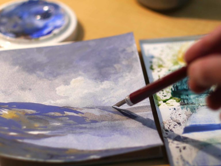 Contact the artist-studio photo of a gouache and watercolor painting with palette